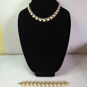 Leru Pink Shell Rhinestone Necklace Bracelet Lot  Classic Wedding Party Glam